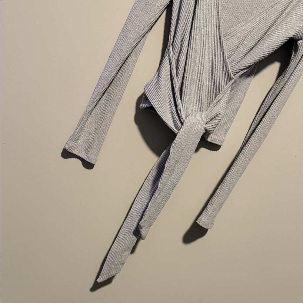 Express Light Gray Ribbed Wrap Blouse - Picture 3 of 6